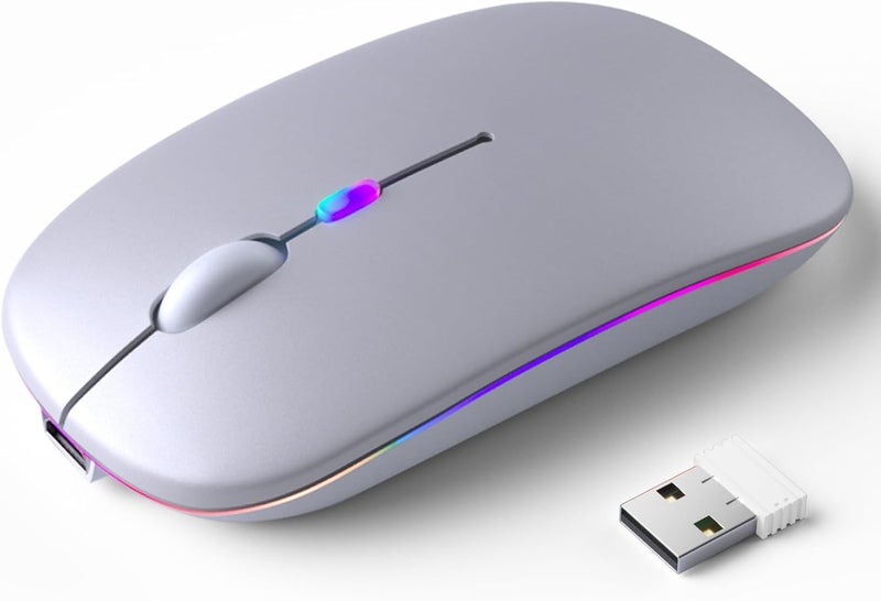 KANMABPC Wireless Bluetooth Mouse – Rechargeable, Silent, Dual Mode (Bluetooth 5.2 & USB) with LED Lights – Portable for Laptop, Desktop, & Tablet(Silver) - Image 1